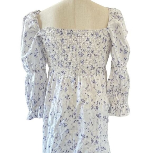 Reformation Midi Dress Smocked Puff Sleeves White Linen Floral Long Slit Medium - Picture 3 of 15